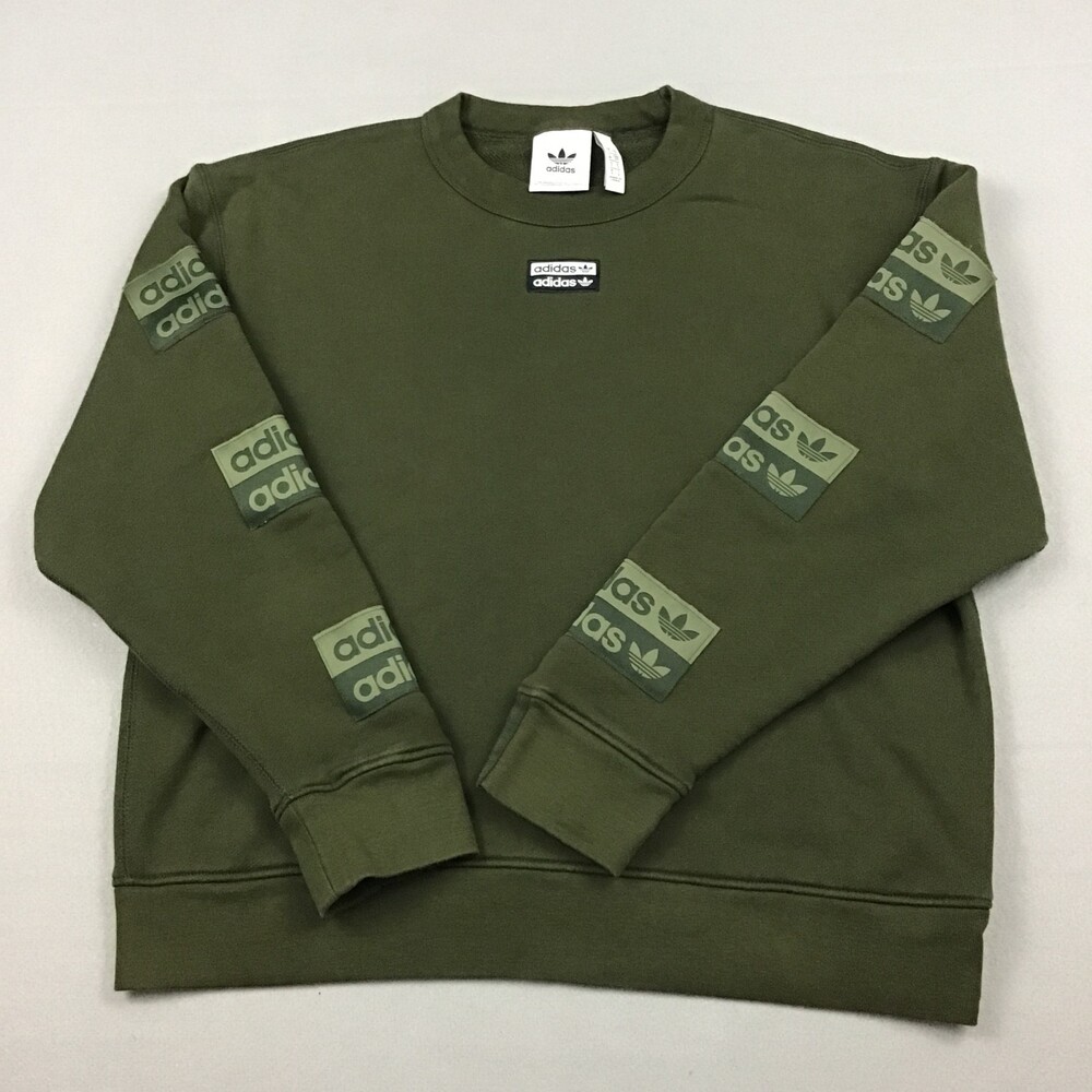 Adidas Sweatshirt Men Small Olive Repeating Trefoil Box Logo Sleeves Crewneck S